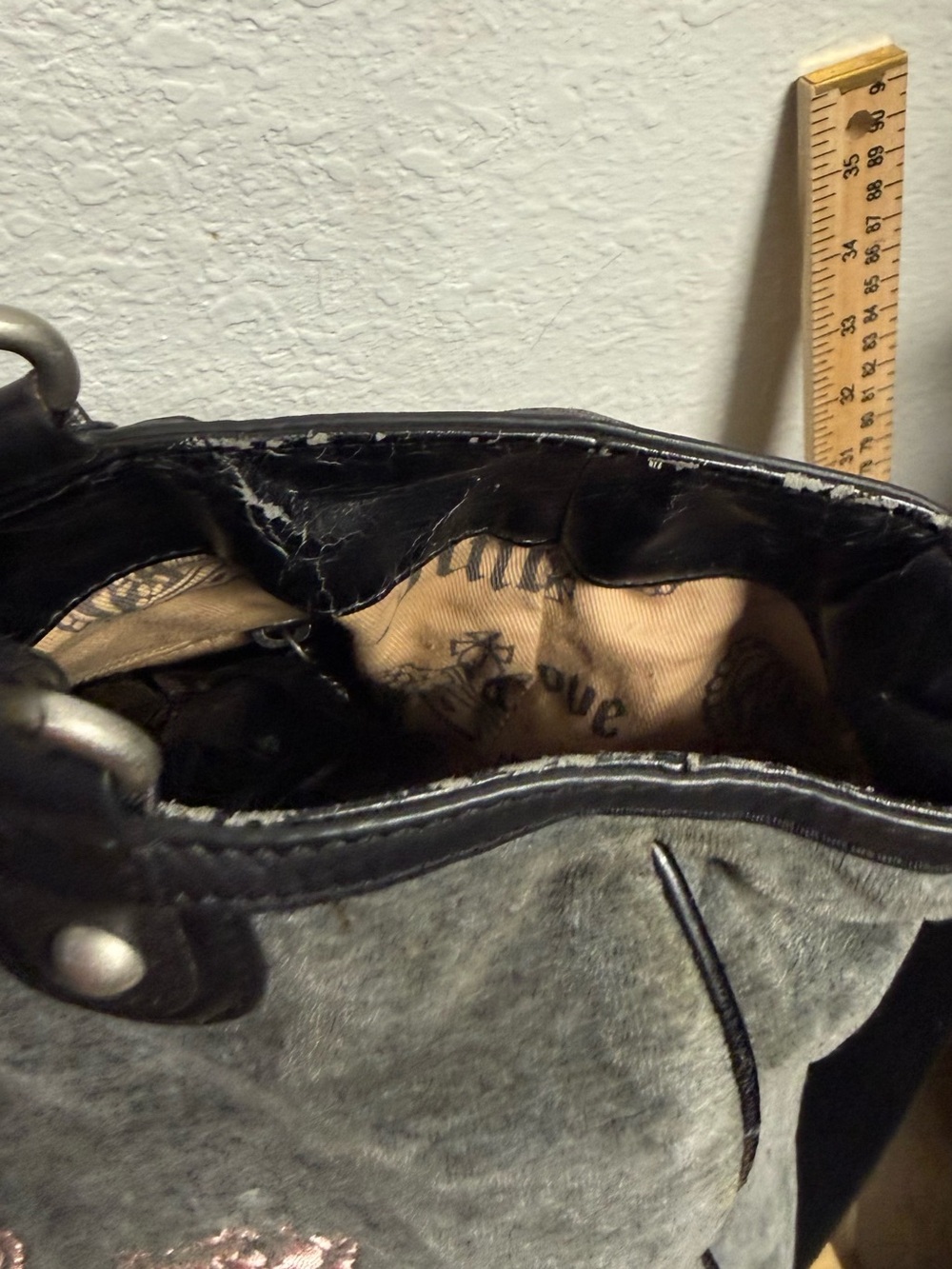 Juicy Couture Gray Denim Shoulder Bag with Pink Crest Embroidery - Picture 10 of 14